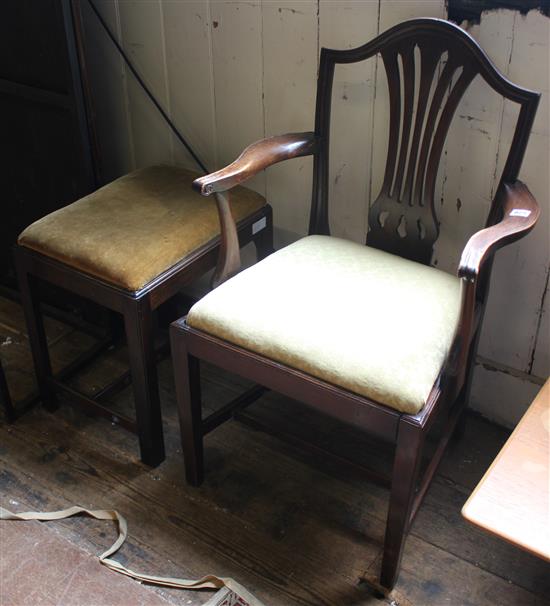 George III elbow chair and rectangular stool